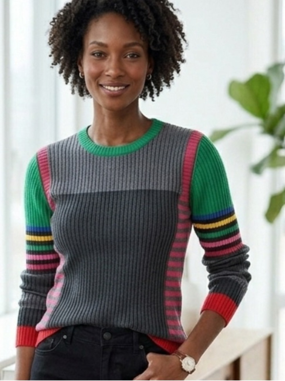 Tommy Hilfiger Y2K Colorblocked Ribbed Rainbow Striped Sweater Sporty Knit L